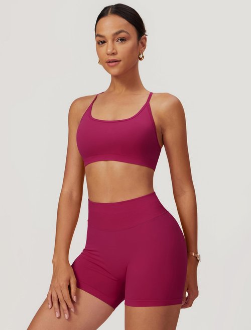 ABOCIW Two Piece Workout Sets for Women Seamless Backless Strappy Sports Bra Butt Lifting High Waist Gym Shorts Yoga Athletic Set Berry Red X-Large
