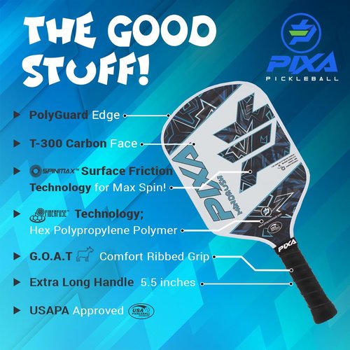 Mindrush T300 Carbon Fiber Pickleball Paddle – Grit-Textured Surface for Spin & Control, 16mm Polypropylene Honeycomb Core, Tennis-Length Handle, Lightweight, USAPA Approved – PIXA Pickleball