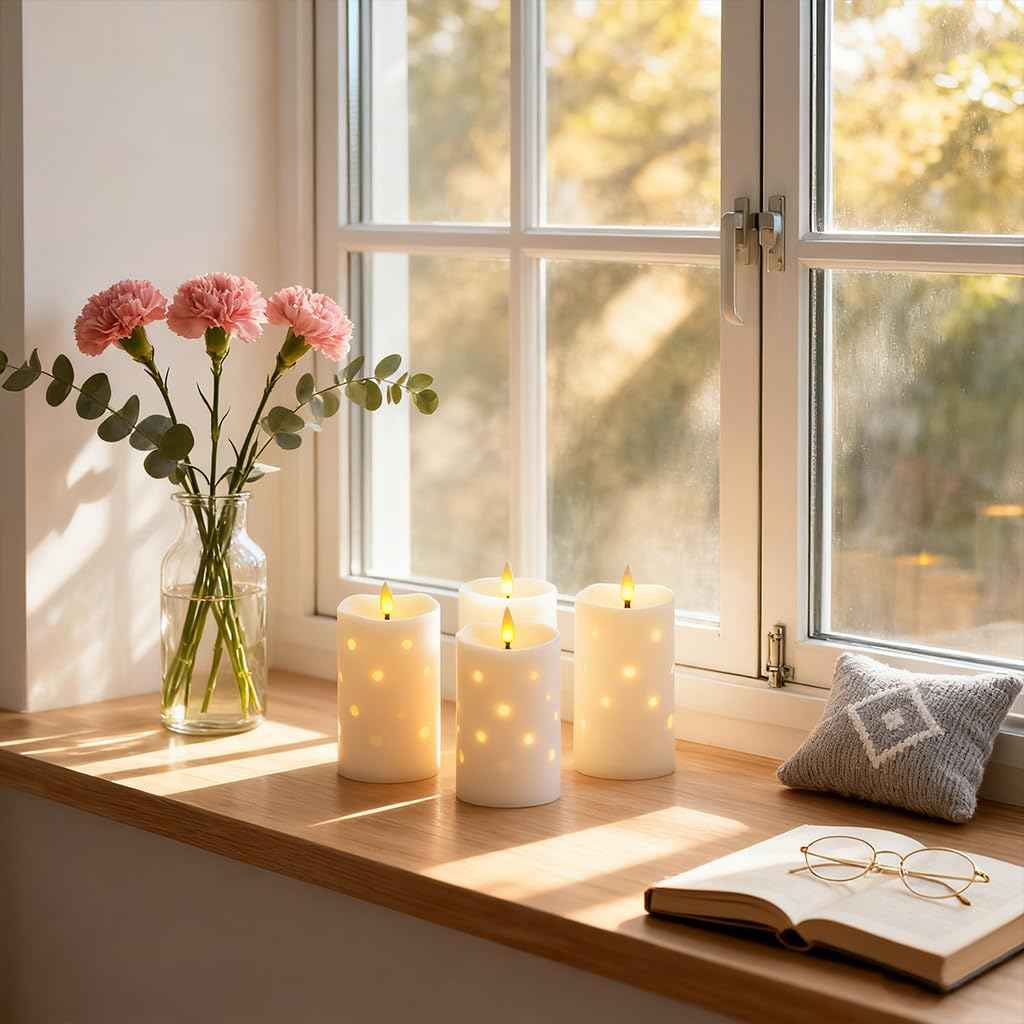 Lezonic Flameless Waterproof Outdoor Candles with Flickering Dancing Flame, 4Pcs Battery Operated Candles with Remote, Ivory LED Pillar Built-in String Lights for Patio Wedding Decor, 3.25" x 6"