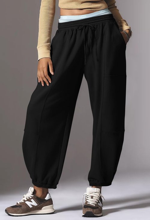Anoumcy Barrel Sweatpants Women Casual Drawstring Joggers 2026 Fall Winter Comfy Cotton Barrel Pants Trousers with Pockets Black M