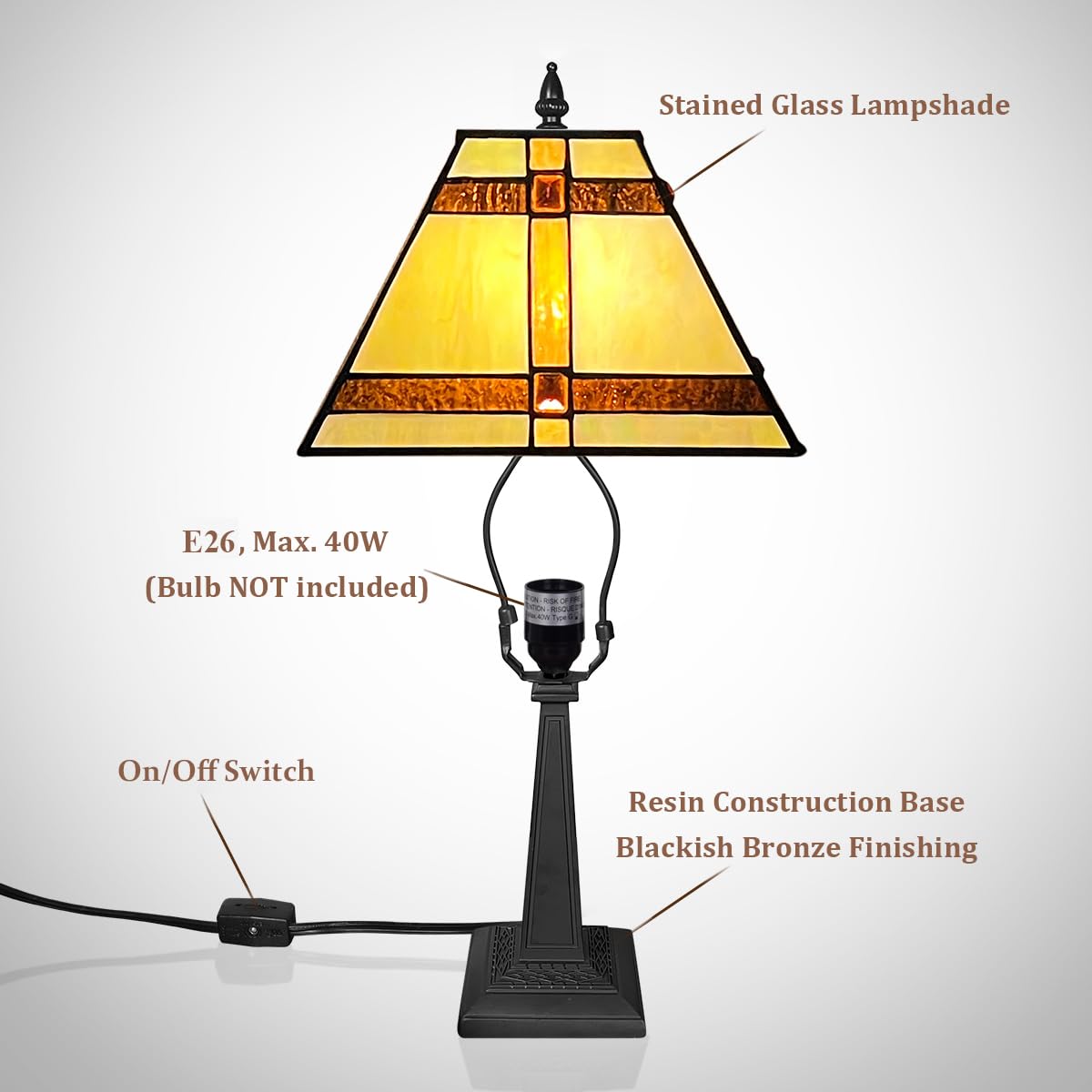 COTOSS Tiffany Table Lamps,Small Handcrafted Stained Glass Accent Table Light,Amber Mission Style Antique Desk Lamp for Bedroom Living Room Home Office