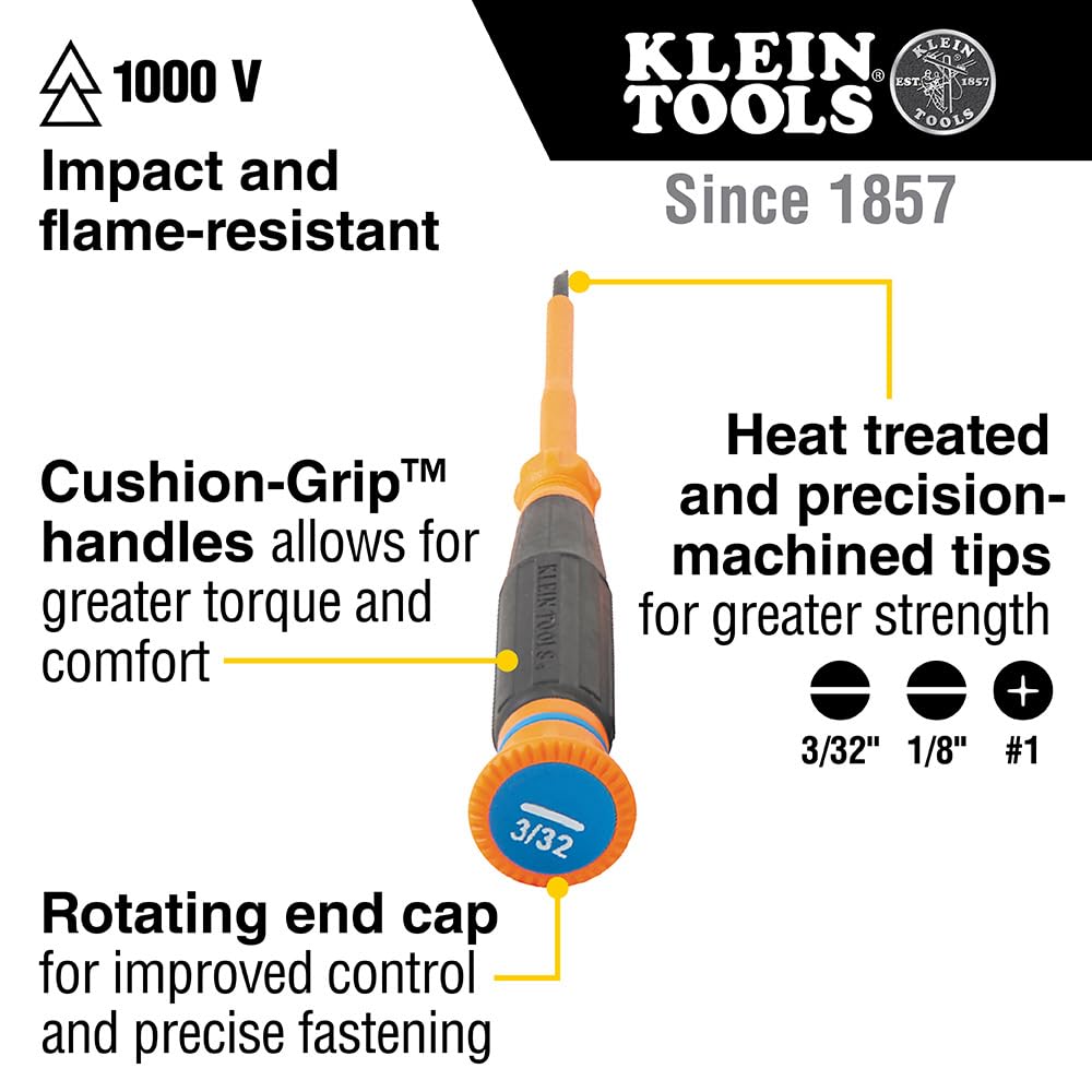 Klein Tools 6254INS Insulated Precision Screwdriver, 1/8-Inch Slotted Mini Electrician Screwdriver, 1000-Volt Cushion Grip Handle