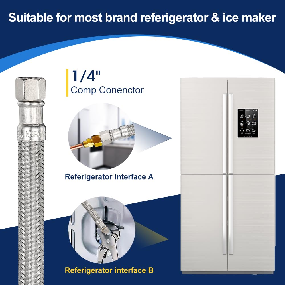 5ft Ice Maker Water Line Stainless Steel Braided – Flexible Refrigerator Water Supply Tube with 1/4" Quick Connect Fitting, Universal Fit
