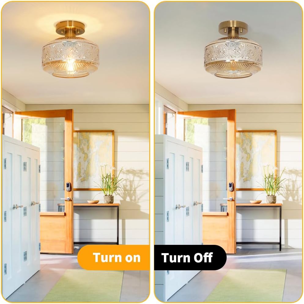 Vintage Semi Flush Mount Ceiling Light Fixture - Brass & Thickened Glass for Hallway, Entryway, Bedroom, Bathroom