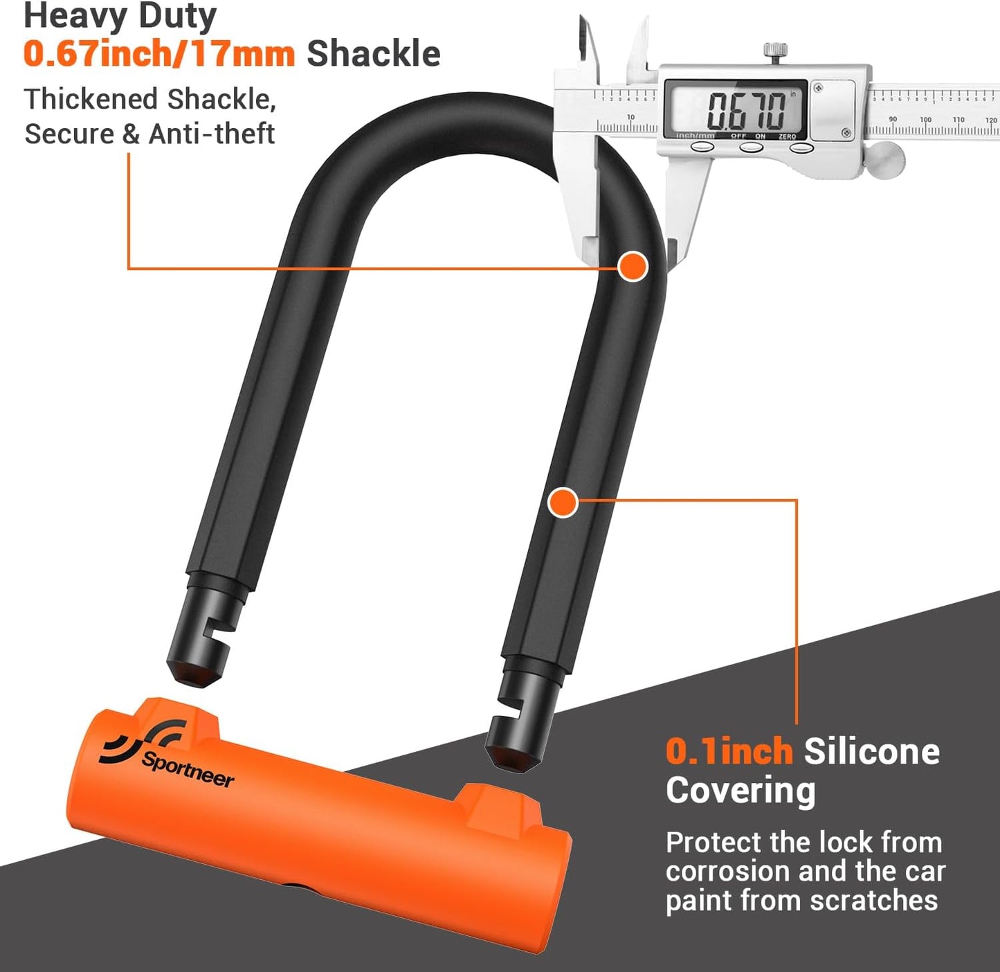Sportneer Bike U Lock - Heavy-Duty Anti-Theft Lock with 5ft Steel Cable & 17mm Shackle - Orange
