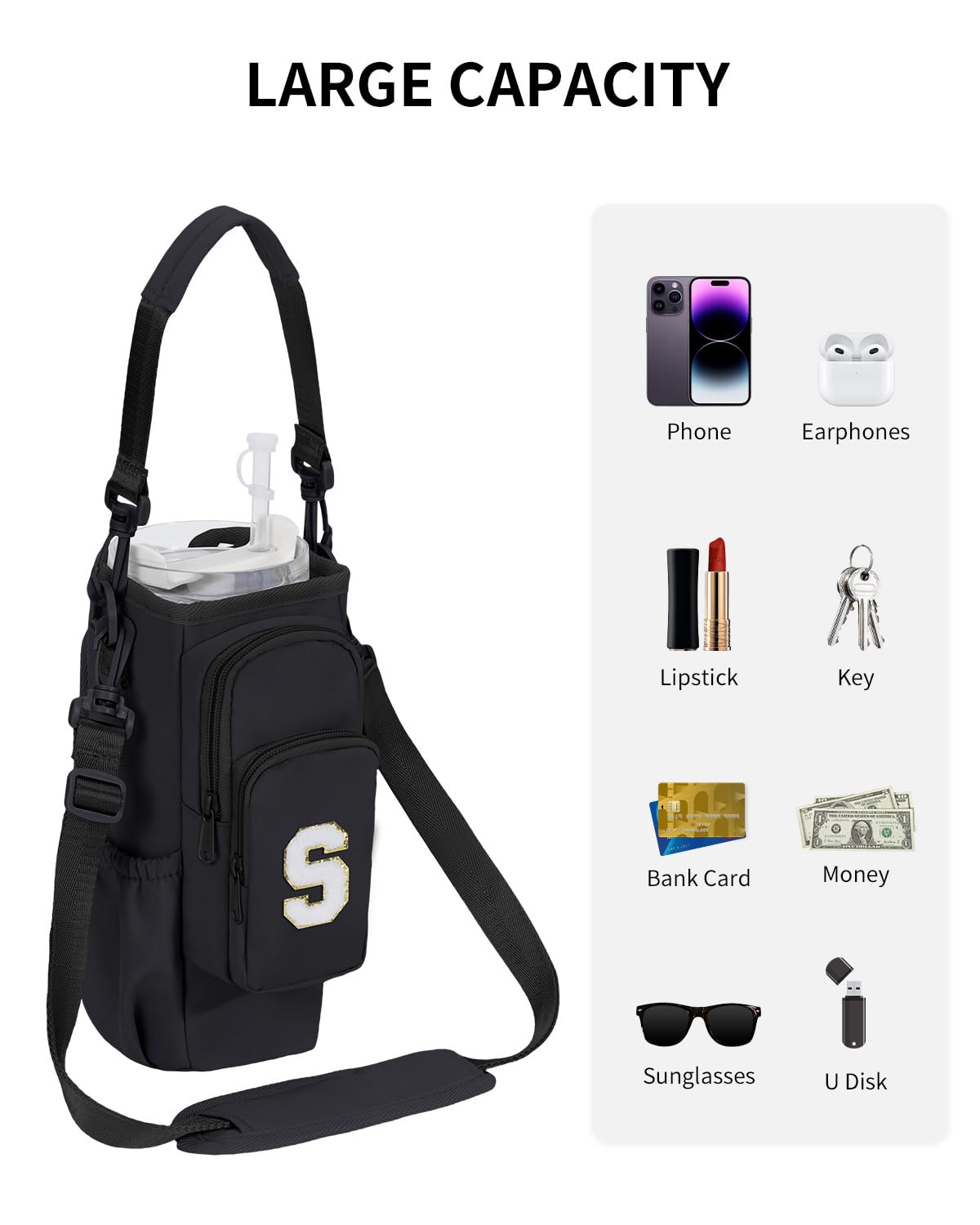 sportsnew Birthday Gifts for Women Personalized Initial Water Bottle Holder with Strap fits Most 40oz Tumbler with Handle Water Bottle Carrier Bag with Phone Pocket & Straw Topper Tumbler Accessories