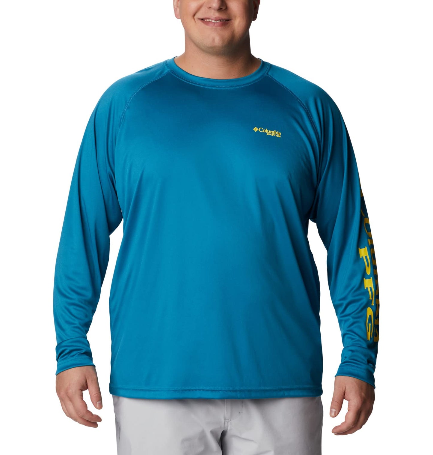 Columbia Men's Terminal Tackle Long Sleeve Fishing Shirt, Deep Marine/Laser Lemon Logo, X-Small