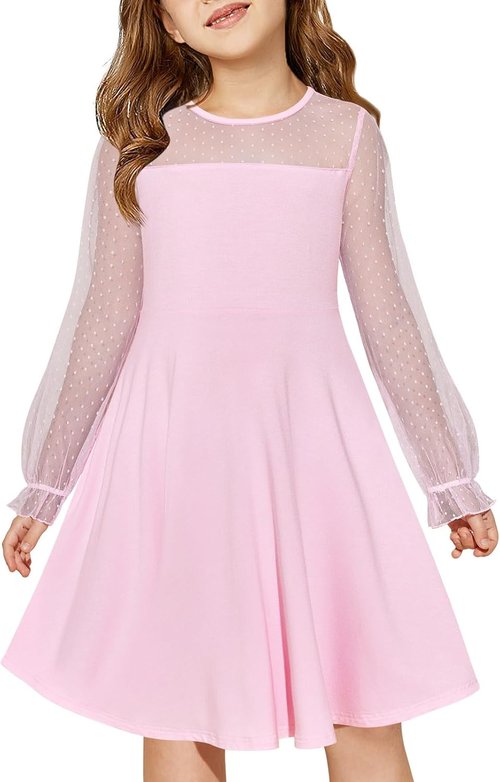 Haloumoning Girls A-Line Short Dress - Contrast Mesh, High Waist, Pockets | Sizes 4-14 Years