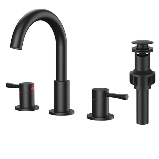FORIOUS Black Bathroom Faucet 3 Hole, 360° Swivel 8 Inch Widespread Bathroom Sink Faucet with Deck Plate and Pop Up Drain 2 Handle Faucets for Sink, Vanity, RV, Lavatory, Farmhouse