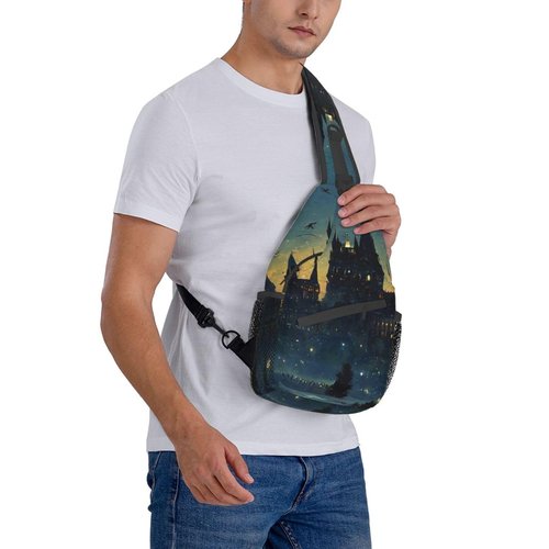 PutDiDi Wizard Castle Halloween Goth Sling Bag Crossbody Backpack for Women Men Hiking Travel Bag Pouch Small Daypack Casual Pack Cross Chest Bag Outdoor