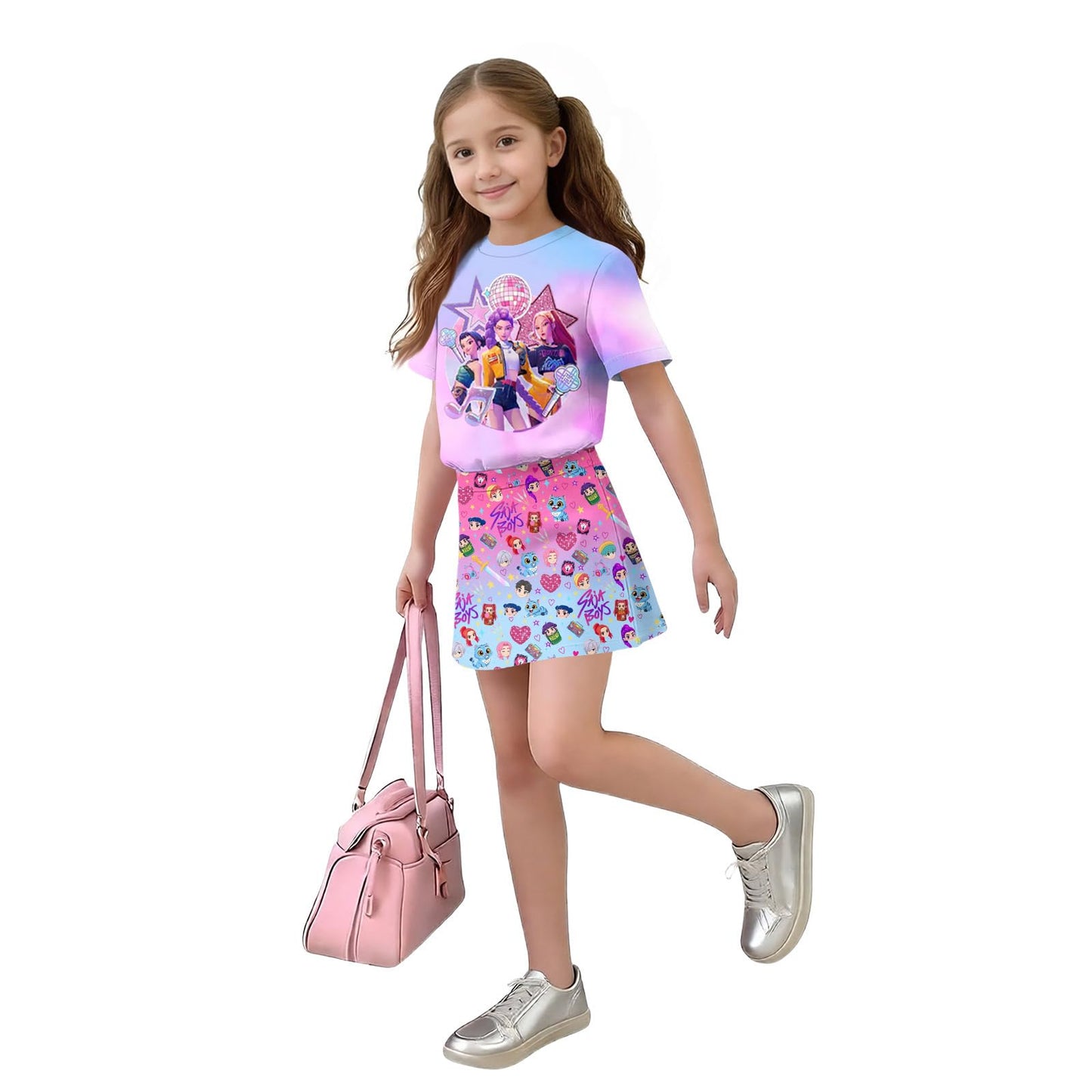 Kpop Dress for Girls 2-Piece Anime De-Mon Outfit Set, Short Sleeve Graphic T-Shirt and Hunters Printed Skirt