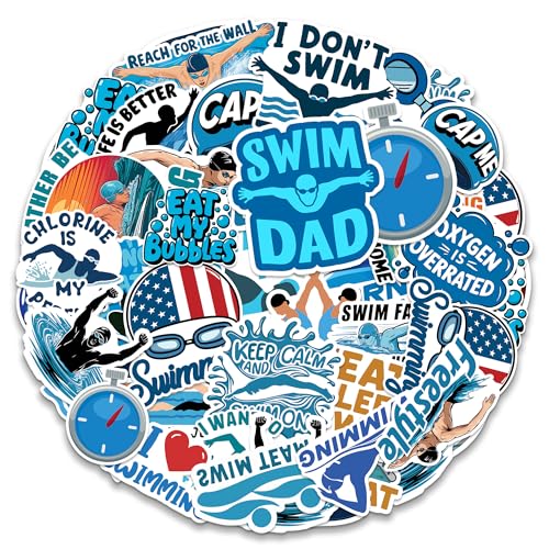 Swimming Stickers 50 Pieces Vinyl Waterproof Decal for Laptop Water Bottle Phone Car Window Bike Motorcycle Stakeboard Scrapbook Swimmer Sticker Gifts for Kid Teen Adult