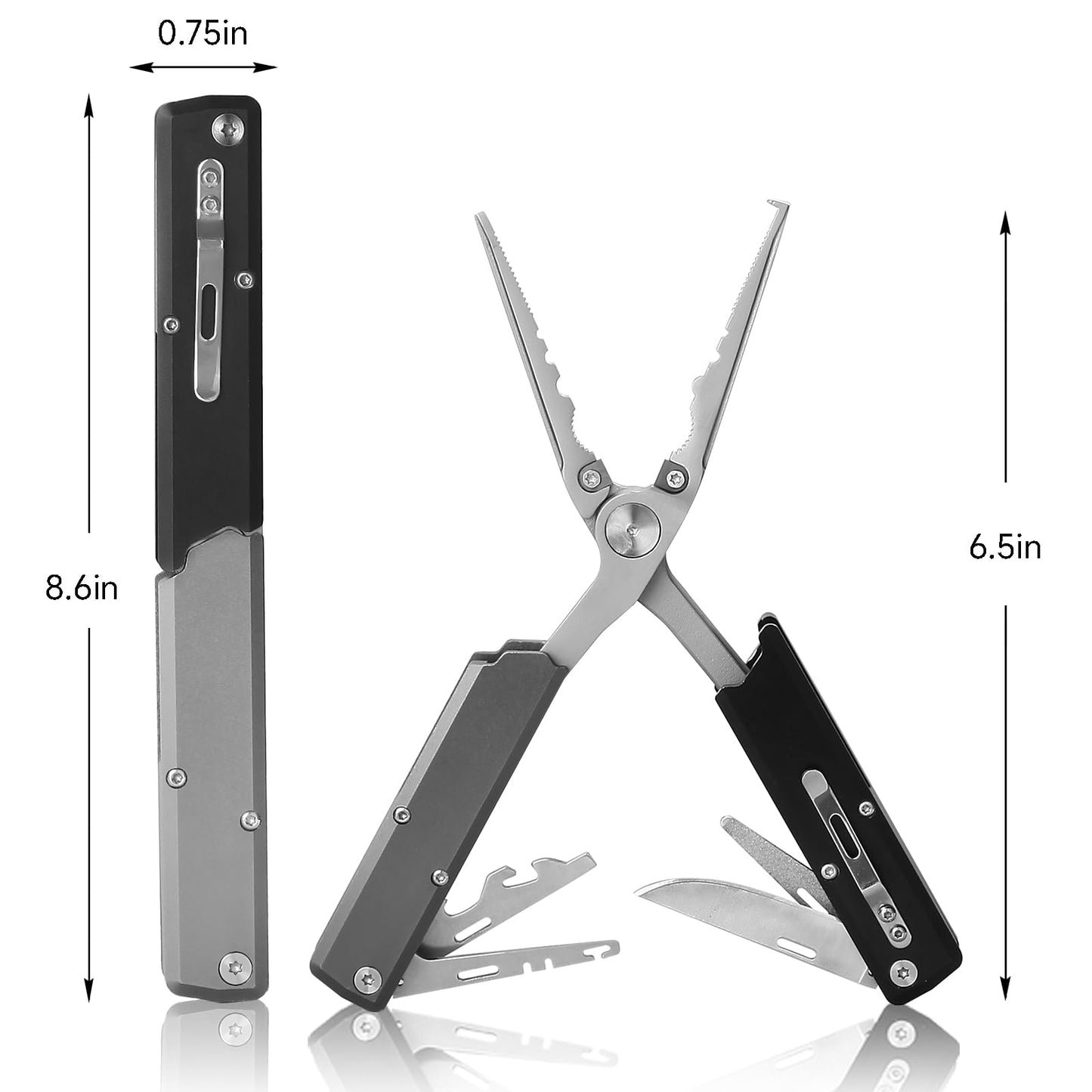 QDX 12-in-1 Folding Fishing Pliers, Compact Saltwater Fishing Tool with Braid Cutter, Hook Remover, Split Ring Opener, Stainless Steel Fishing Gear Gift for Men