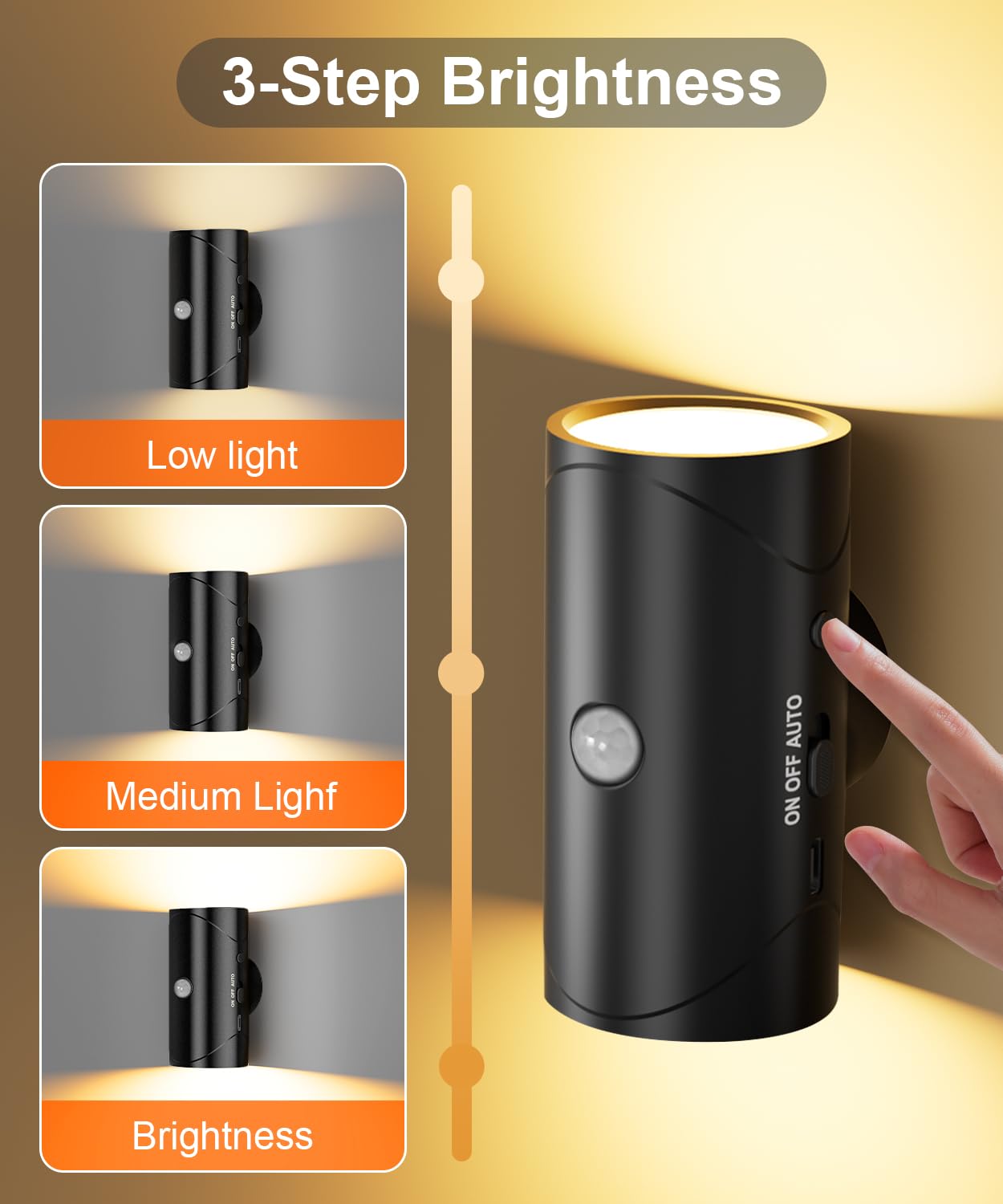 MuliVid 2 Pack LED Night Light,Rechargeable Battery Night Light,Magnetic Stick On Motion Sensor Light 3 Brightness Adjustment Modes for Bedroom, Stairway,Hallway,Bathroom(Black)