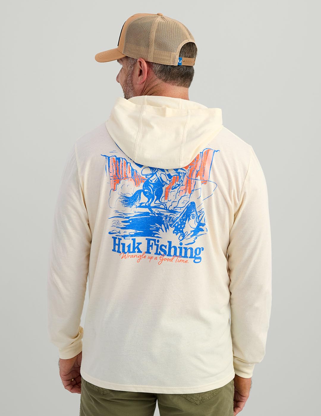 HUK Mens Hoodie Tee for Men, Lightweight Performance Fishing Hooded Shirt with UPF Sun Protection, Trout Wrangle - Egret, X-Large