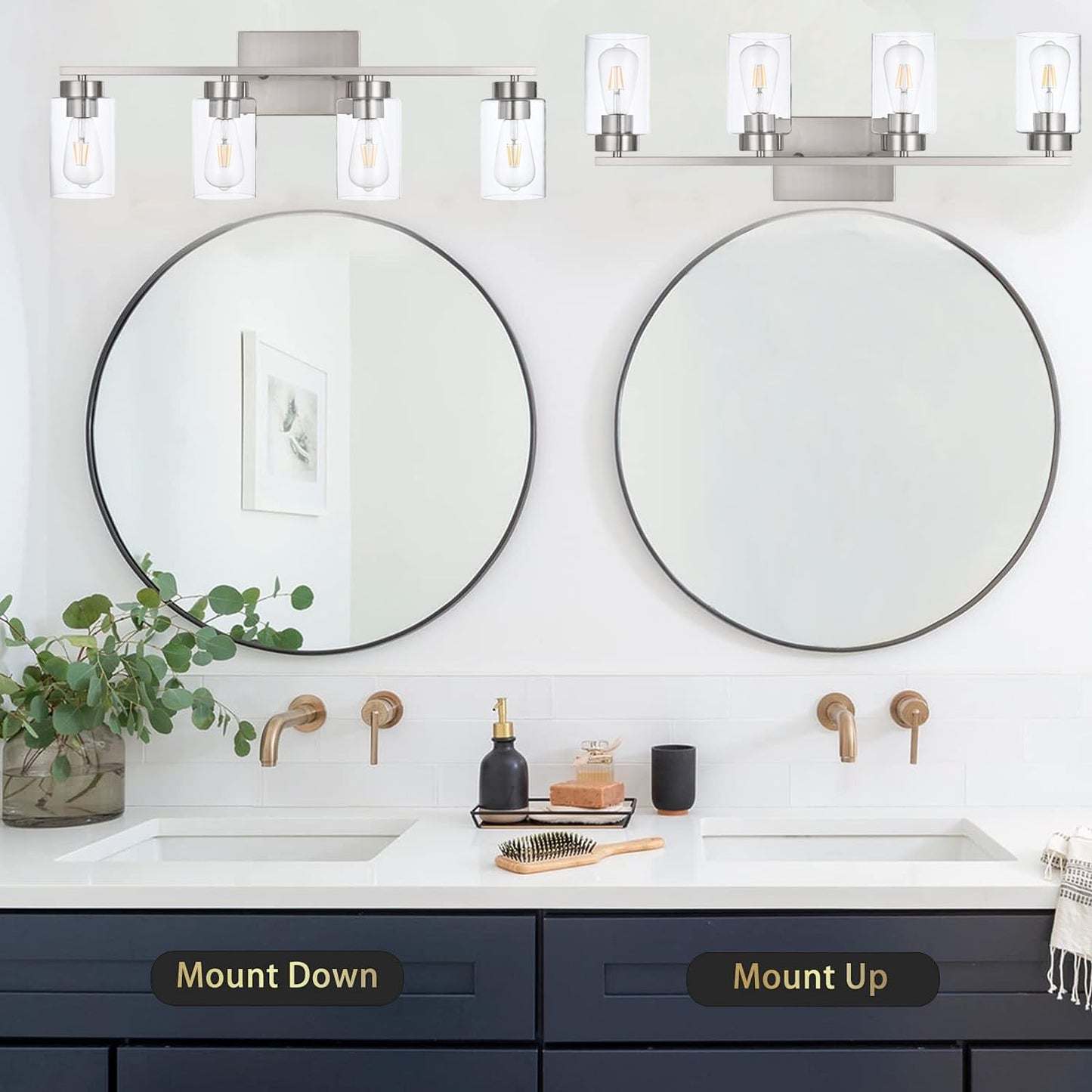 A1A9 4 Light Bathroom Vanity Light Fixtures, Brush Nickel Modern Wall Lights with Clear Glass Shade, Vintage Wall Sconce Lighting for Living Room, Mirror, Bedroom, Hallway (Nickel, 4-Lights)