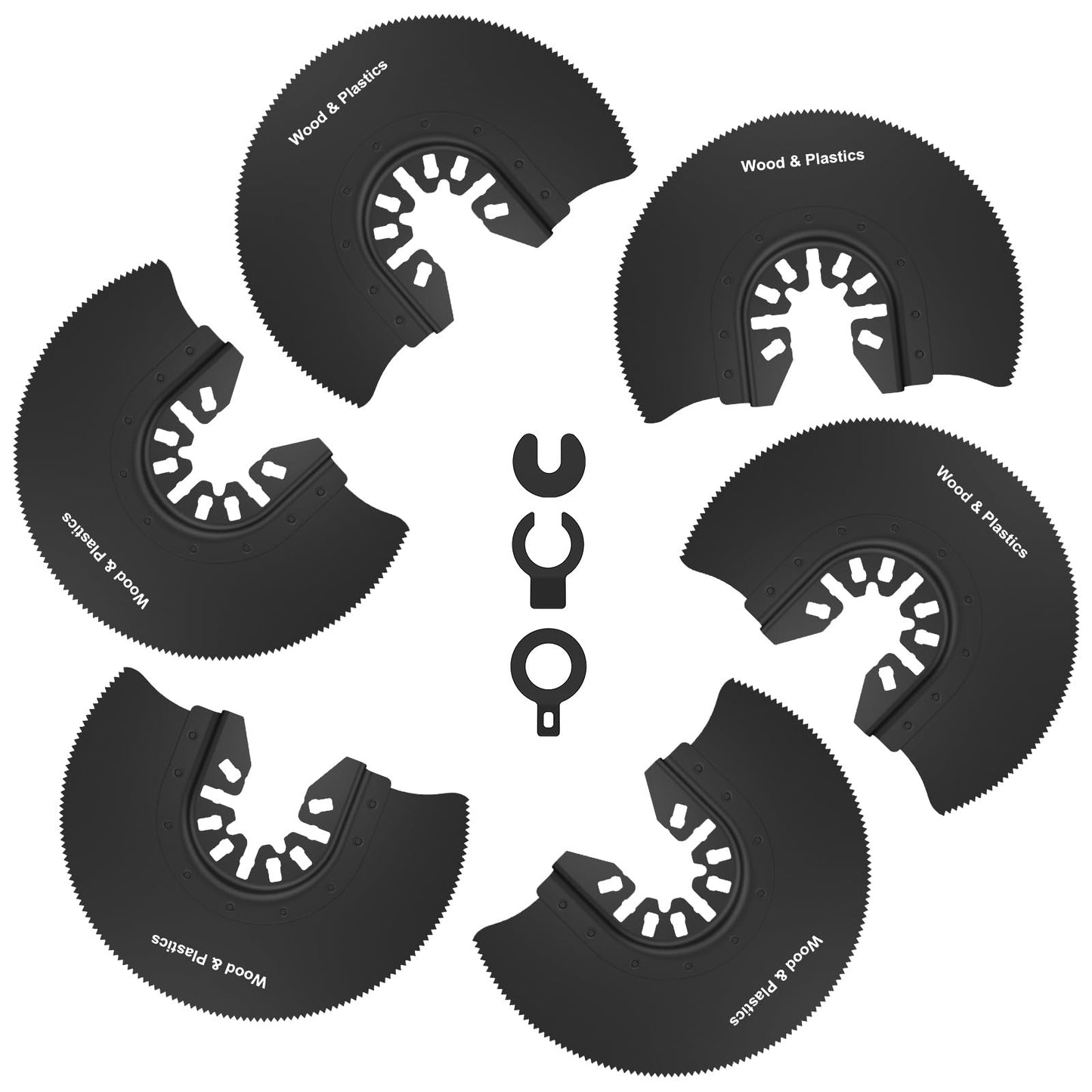 6Pcs Oscillating Saw Blades Set, 3-1/2inch Flush Cut Saw Blades, High Carbon Steel Semi Circle Oscillating Saw Blade, Quick Release Multitool Blades with Gasket Adapter for Wood Plastic Metal Cutting