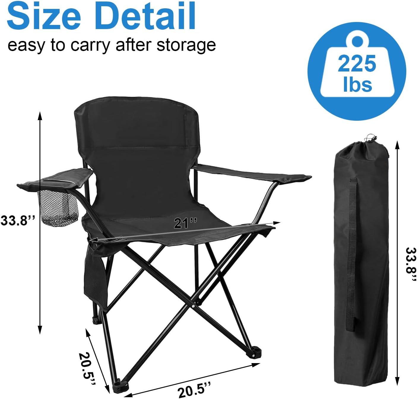 Skiennix Folding Camping Chair - Portable High Back Outdoor Chair with Cup Holder & Storage Bag - Supports 300lbs - Black
