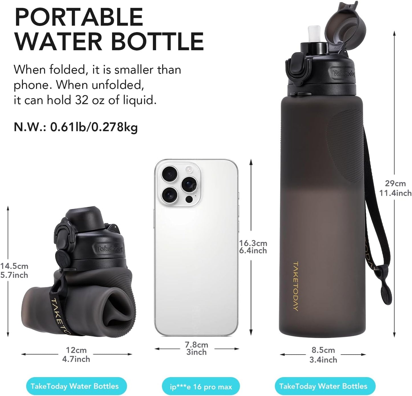 TakeToday Collapsible Water Bottle - 32oz Foldable & Leakproof Silicone for Travel & Hiking