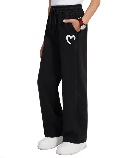 Hvididan Girls Wide Leg Sweatpants Drawstring High Waist Baggy Track Pants Cute Print Sweatpants with Pockets for Teen 5-14Y, Size 11-12 Years Black