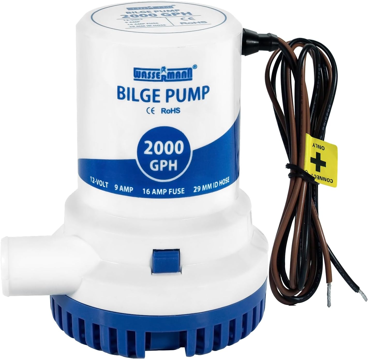 WASSERMANN 2000GPH Bilge Pump - Heavy-Duty 12V Marine Submersible Water Pump with Long Power Cord & Anti-Airlock Protection