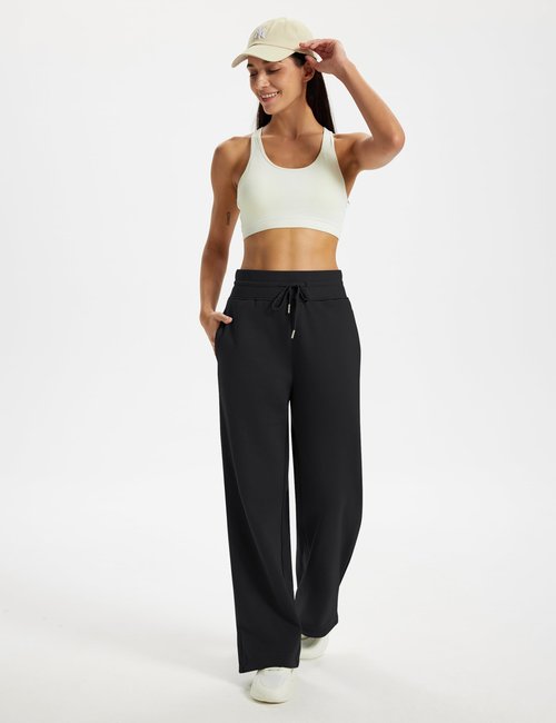 MAGCOMSEN Womens Fleece Sweatpants Warm Thick Winter Wide Leg Pants Woman Baggy Soft Lounge with Pockets Black M