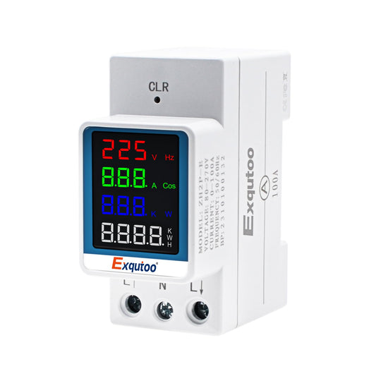 Exqutoo Multi-Function Energy Meter Color Digital Energy Meter - Measurement of AC Volts, Amps, Hertz, Watts, PF and Kilowatt-Hours - GT2P-E, AC 80~270V, 0~100A, 0~25KW, 50/60Hz, Rail-Mounted Meter