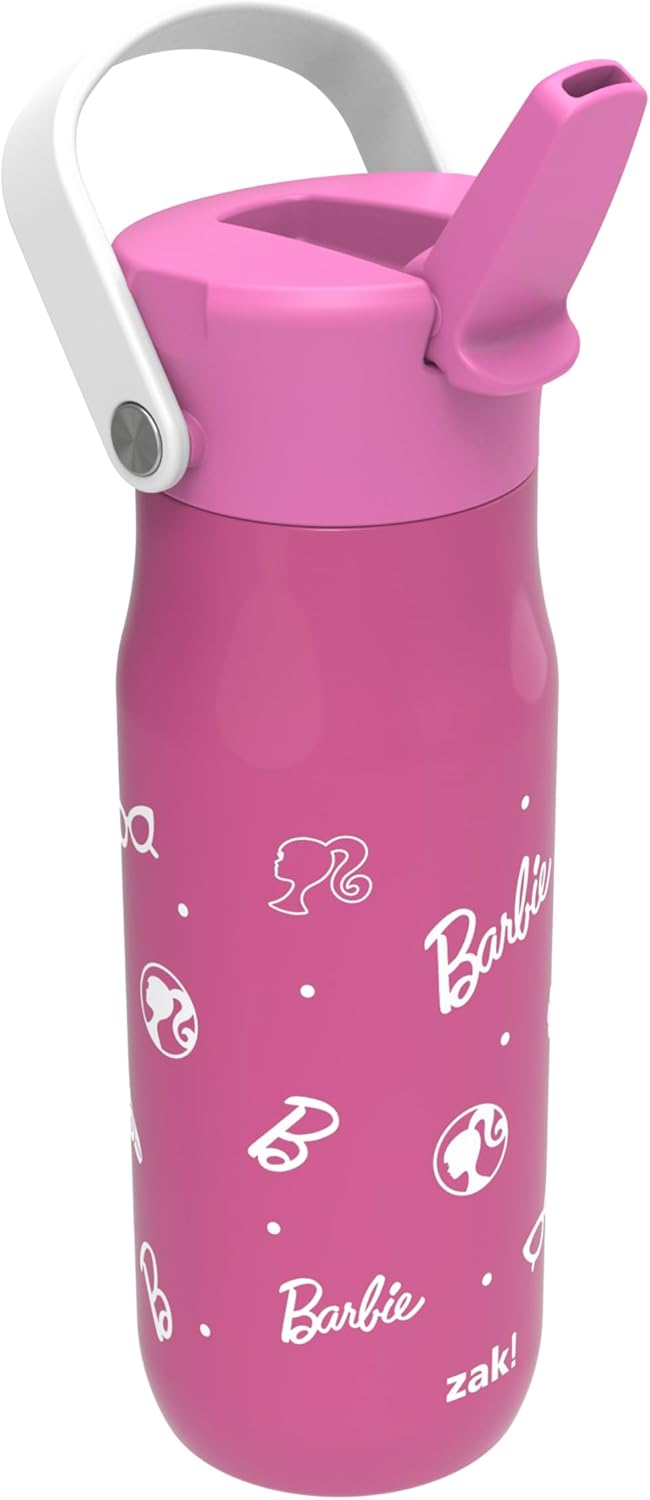 Zak Designs Barbie Water Bottle - 20oz Stainless Steel, Leak-Proof & Insulated with Straw Lid (Pink)