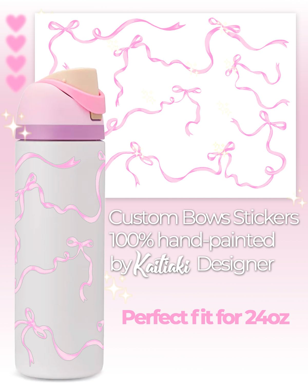Kaitiaki Bows Stickers for Custom Owala Accessories - Cute Tumbler Decals, Fits 24oz Urban Outfitters Owala Bottles (Bubble Bliss Bow, Pink)