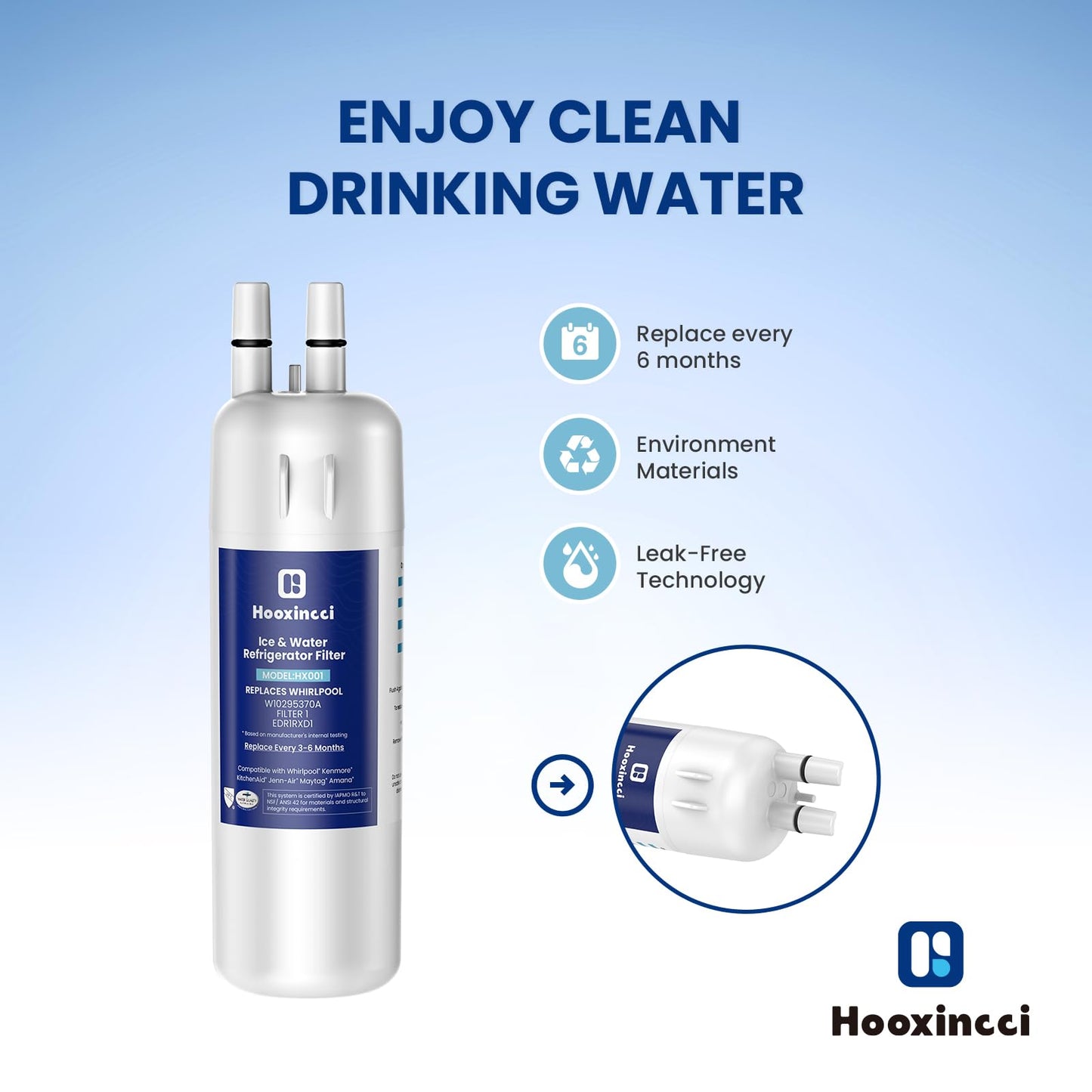 Hooxincci W10295370A Water Filter Replacement for EDR1RXD1,Filter 1,WHR1RXD1,P4RFWB,46-9081,46-9930,2 in 1,1Pack