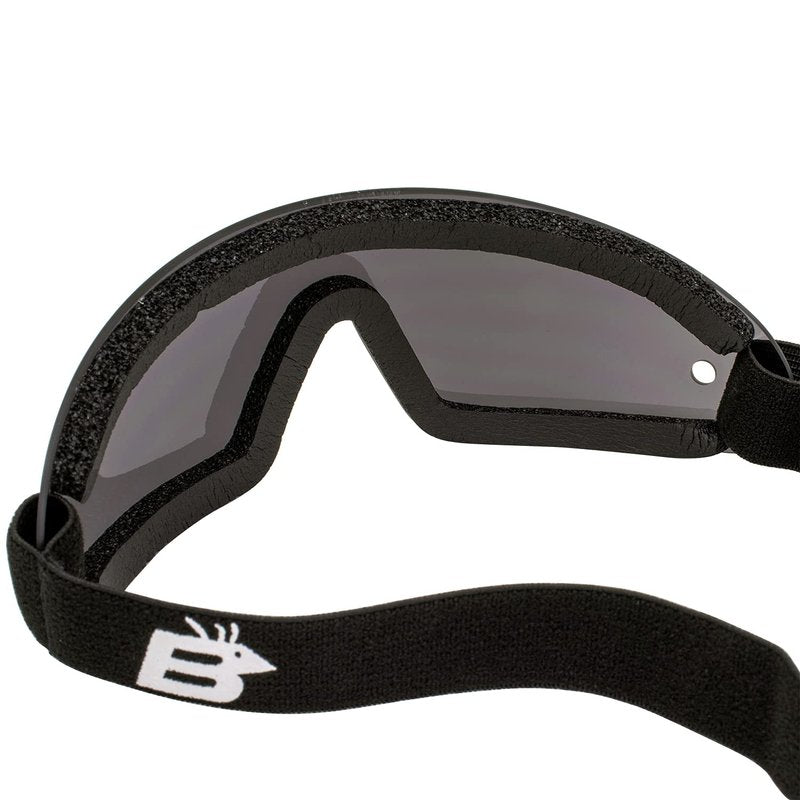 Birdz Eyewear Wing Goggles Black Frame Smoke Lens Skydiving Extreme Sports 100% UV Protection Antifog Coated Adjustable Strap Peripheral Vision Neoprene Foam Padding Shatterproof Lens Microfiber Bag