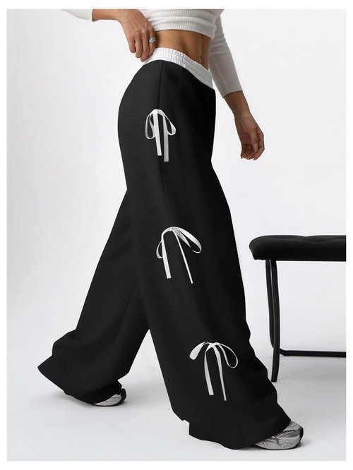 Verdusa Girl's Coquette Bow Wide Leg Baggy Pants Lightweight Cute Sweatpants with Pockets Grey Black 12 Years