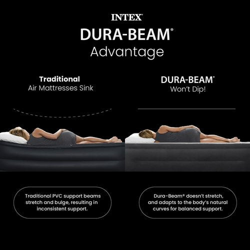 Intex 64449ED Dura-Beam Deluxe Plush Air Mattress with Headboard: Fiber-Tech - Queen Size - Built-in Electric Pump - 18in Bed Height - 600lb Weight Capacity