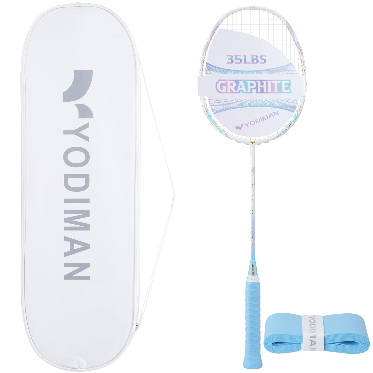 YODIMAN Single Professional Badminton Racket for Advanced Players - 50T Graphite Carbon Fiber with Aerodynamic Frame, Pre-Strung 26lbs, Ultra-Light 5U for Club & Tournament