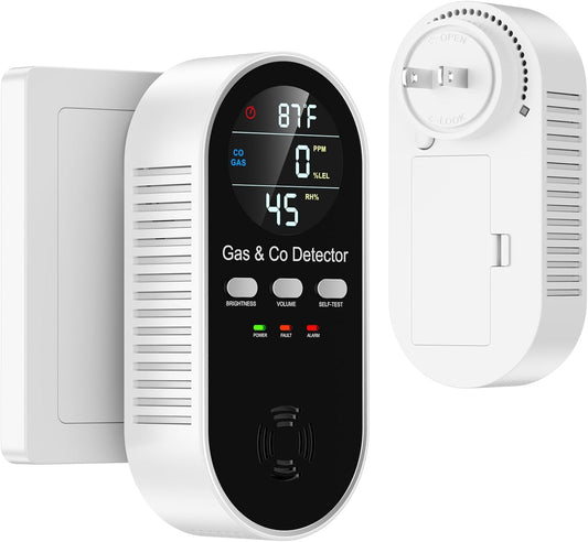 5-in-1 Carbon Monoxide & Natural Gas Detector with Temperature & Humidity Sensor - Battery Backup, LED Display, Sound & Light Alerts for Home & Hotel