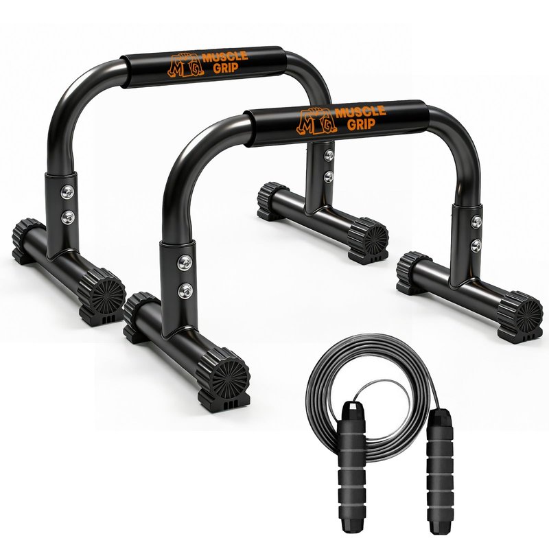 Push Up Bars Parallettes, 10” Heavy-Duty Steel Dip Bars with Non-Slip Foam Handles, Calisthenics Equipment for Handstands, L-Sit & Dips, Home Gym Workout Set with Jump Rope