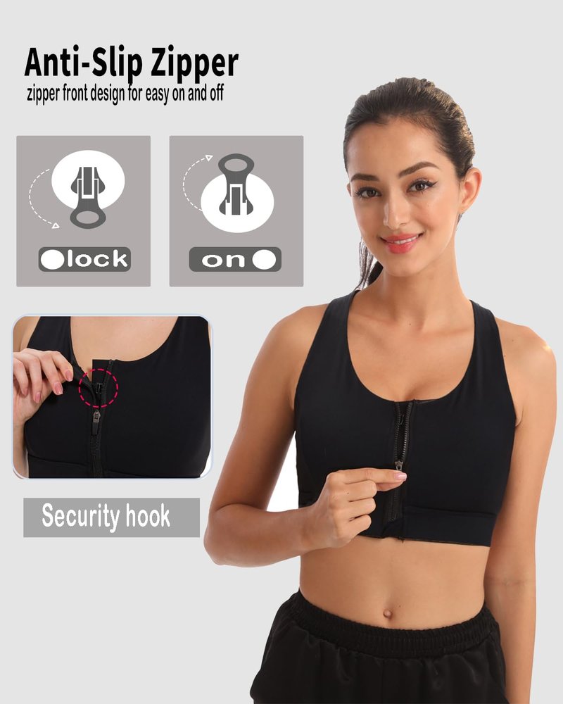 newlashua High Support Sports Bras for Women - High Impact Zip Front Sports Bra Padded Strappy Back Workout Bra L Black