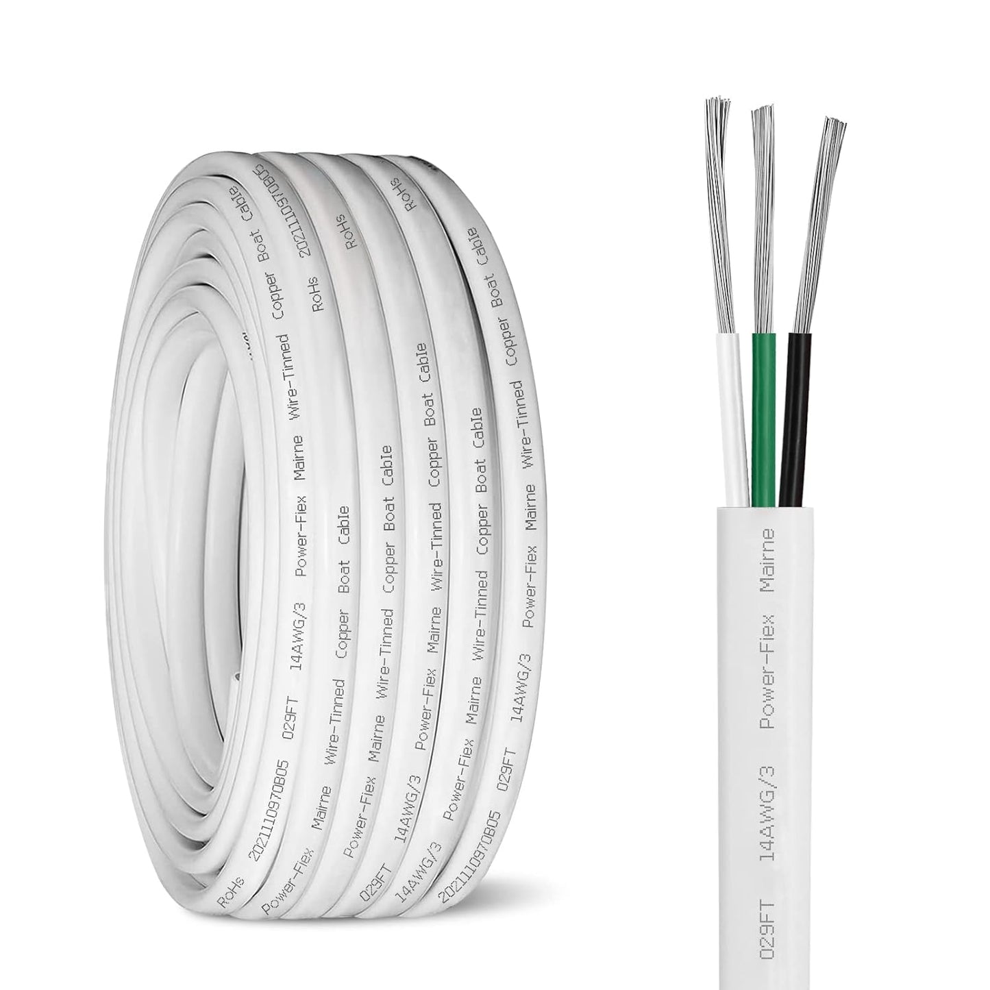 Triplex Marine Wire - 14 Gauge Tinned Copper Boat Cable, 30ft OFC for Automotive & Solar Use
