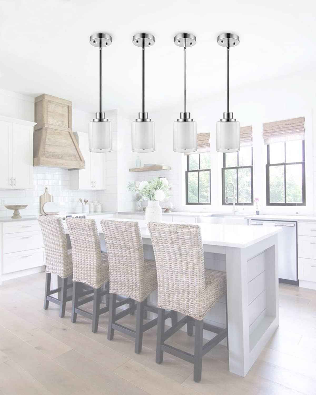 Eidonta 1-Light Mini Pendant Light Fixtures, 3 Pack Modern Brushed Nickel Hanging Ceiling Light with Dual Glass, Adjustable Height