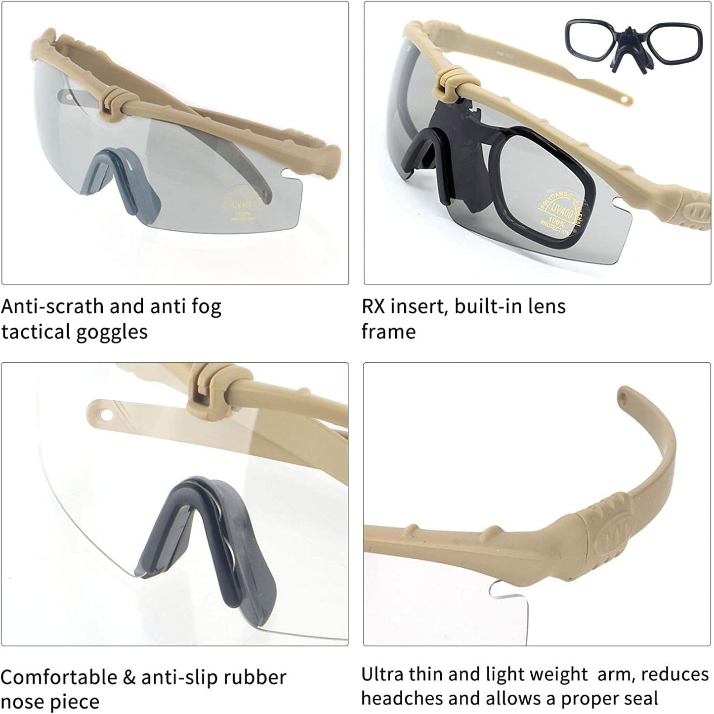 FOCUHUNTER Tactical Glasses, Shooting Safety Glasses, Anti Fog UV400 Protection Sunglasses with 3 Interchangeable Lens