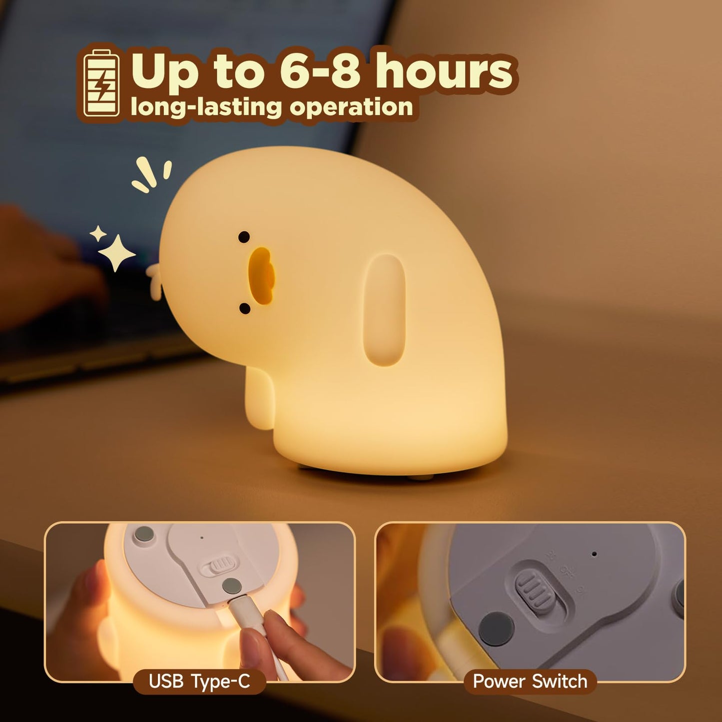 ATCTBOGFS Cute Duck Lamp, Fun LED Squishy Animal Night Light - Chicken/Pig/Rabbit/Panda Options, Toddler Baby Nursery Touch Kawaii Light for Kids, Room/House Decor