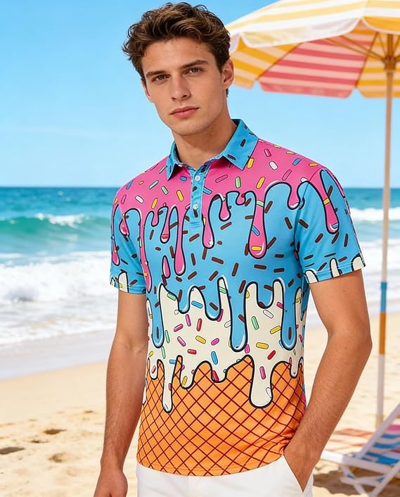 Uideazone Men's Funny Golf Polo Shirt Dry Fit Short Sleeve S-2XL Ice Cream Edition XXL