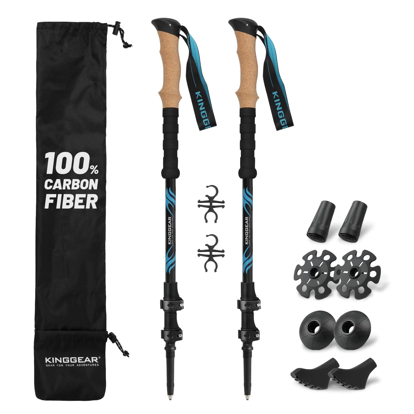 KINGGEAR TPC 100% Carbon Fiber Hiking Poles, Telescopic Retractable Nordic Trekking Poles, Ultra Lightweight Nordic Walking Stick, Metal Flip Locks, Cork and Extended EVA Handle
