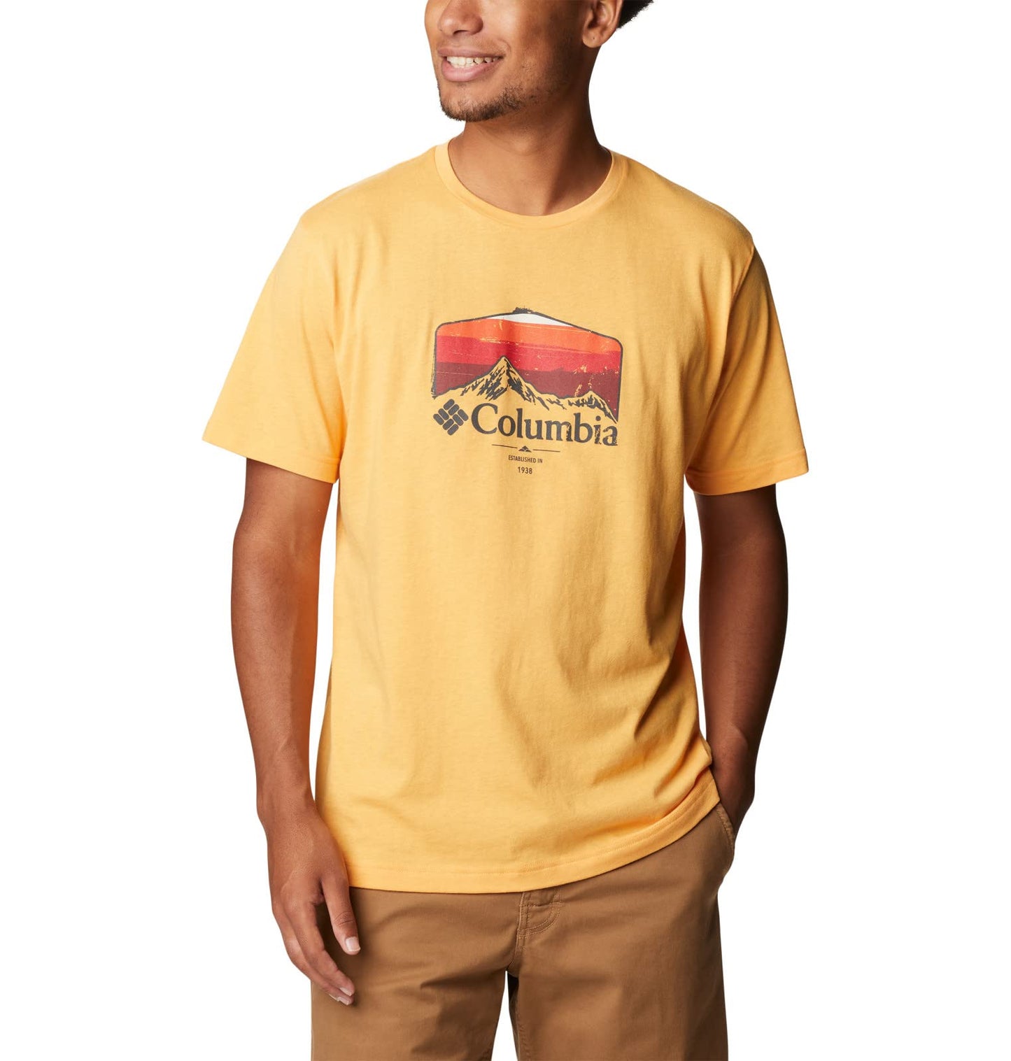 Columbia Men's Thistletown Hills Graphic Short Sleeve, Mango Heather/Hikers Graphic, Medium