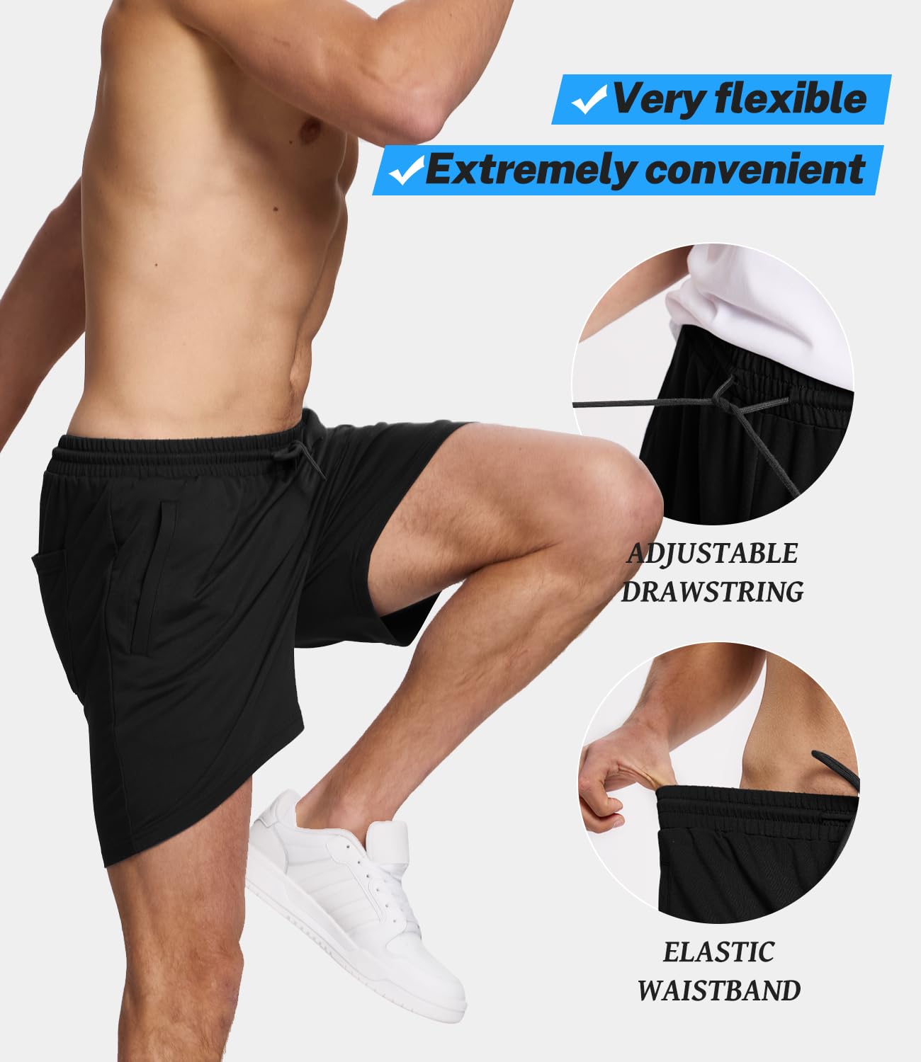 BAMBOO COOL Men's Athletic Shorts Dry Loose-Fit Running Workout Gym Shorts Breathable Lightweight Activewear with Pockets A-Black