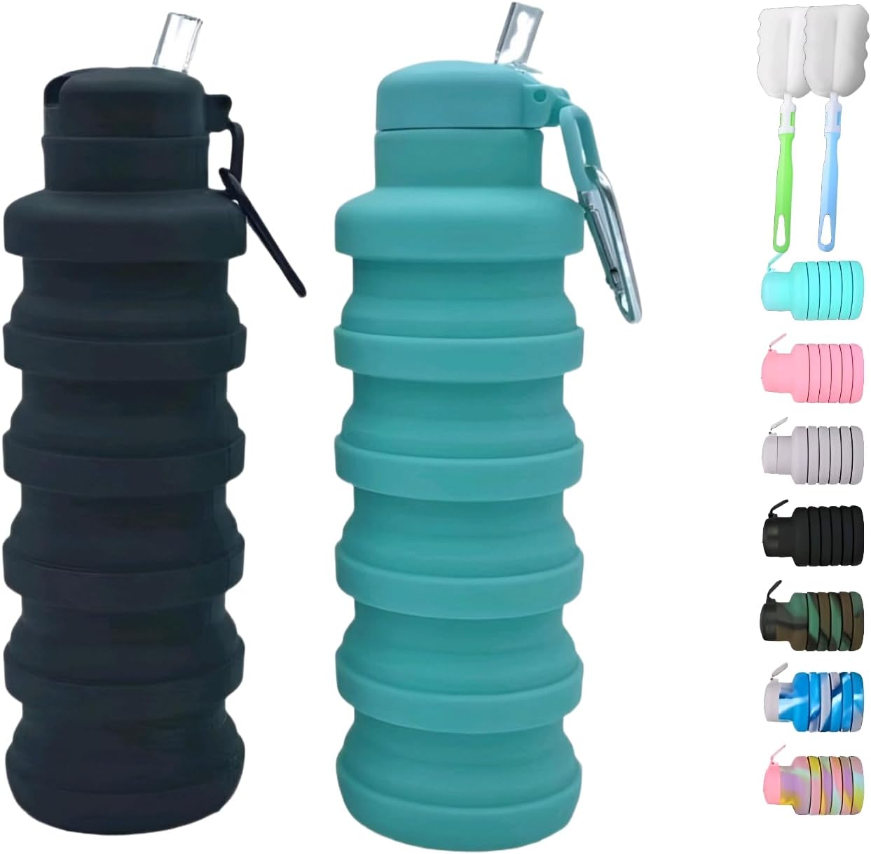 Skiennix Collapsible Water Bottles - BPA-Free Silicone Travel Bottles | 2-Pack, Lightweight & Portable (Black & Aqua Blue)