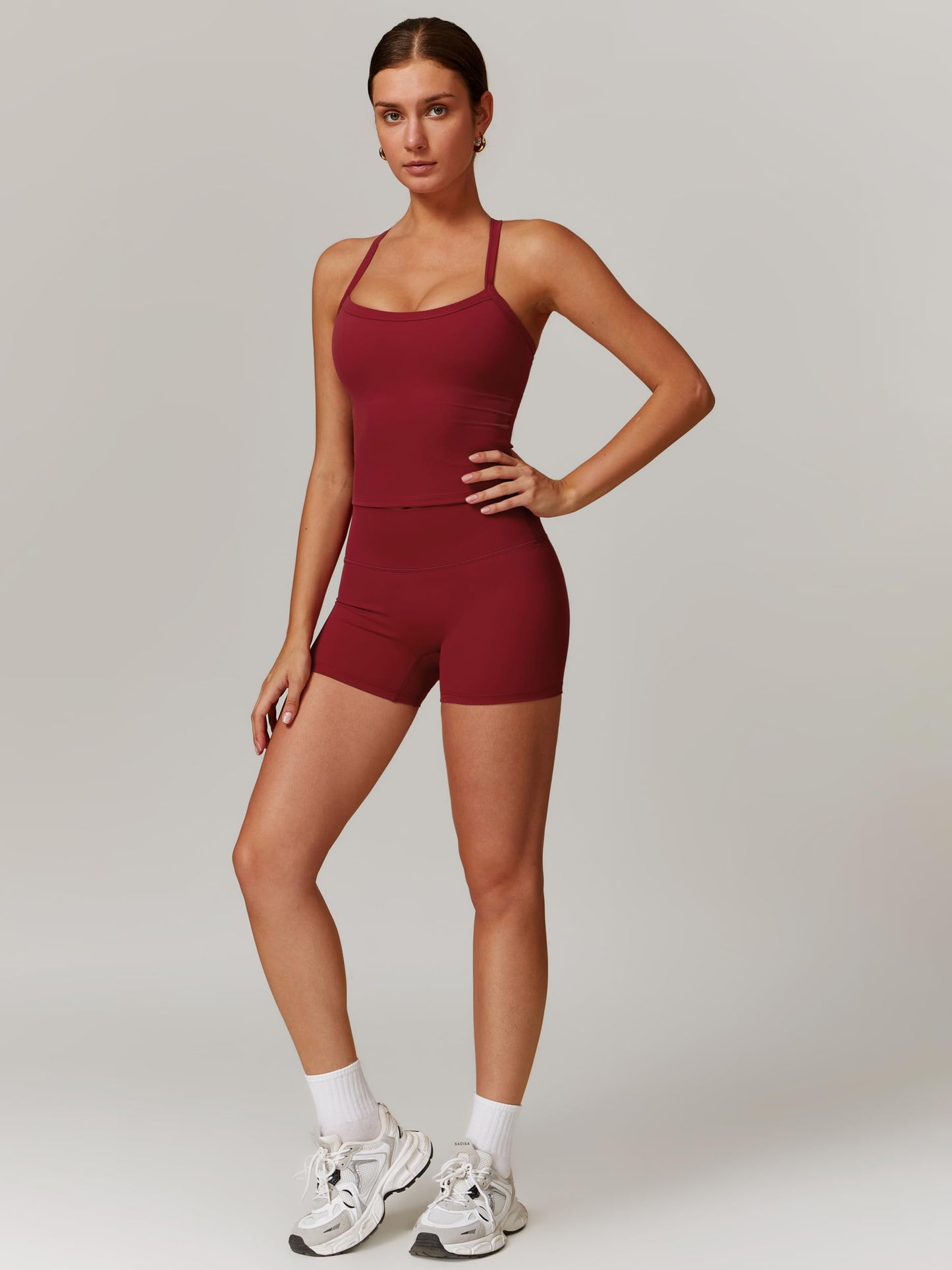 ABOCIW Workout Sets for Women Padded Cross Back Crop Tank Top Sports Bra Matching High Waist Tummy Control Shorts 2 Piece Athletic Set Gym Wear Active Yoga Pilates Outfits Cherry Red X-Small
