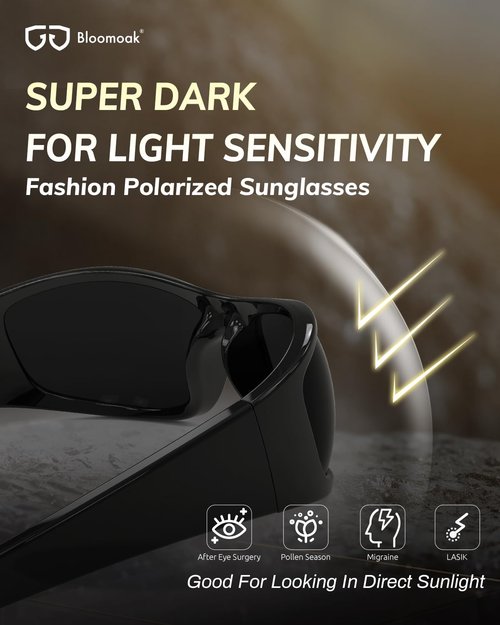 Bloomoak Super Dark Lens Black Polarized Sunglasses | Wrap Around Sport Sunglasses Unisex | UV400 | CAT 4 | For Photophobia (Glossy Black/Dark (5% Light Transmission), CAT 4)