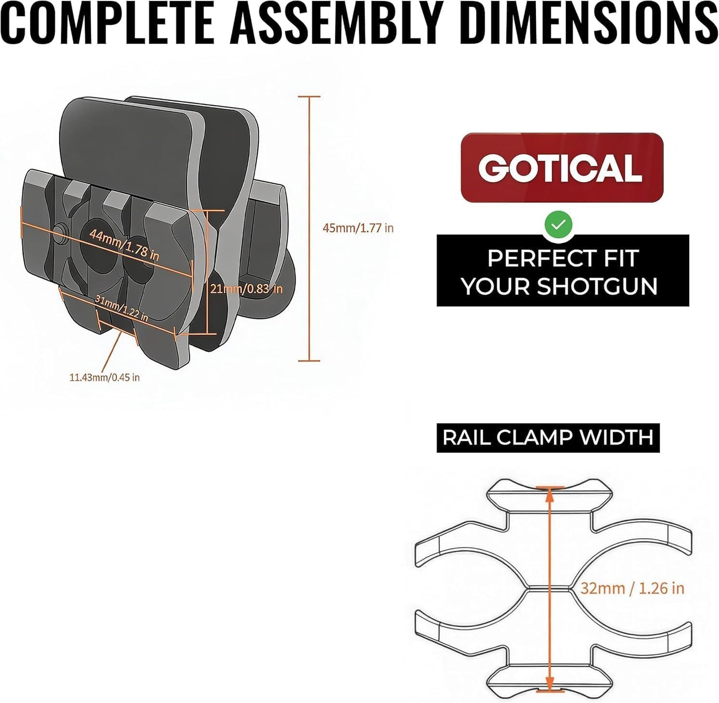 Gotical Tactical Shotgun Barrel Clamp Mount w/Built in 3-Slot Picatinny Rail Mount on Both Sides (2 PCS 4x6 mm Gasket Silicone Elastomer Included)