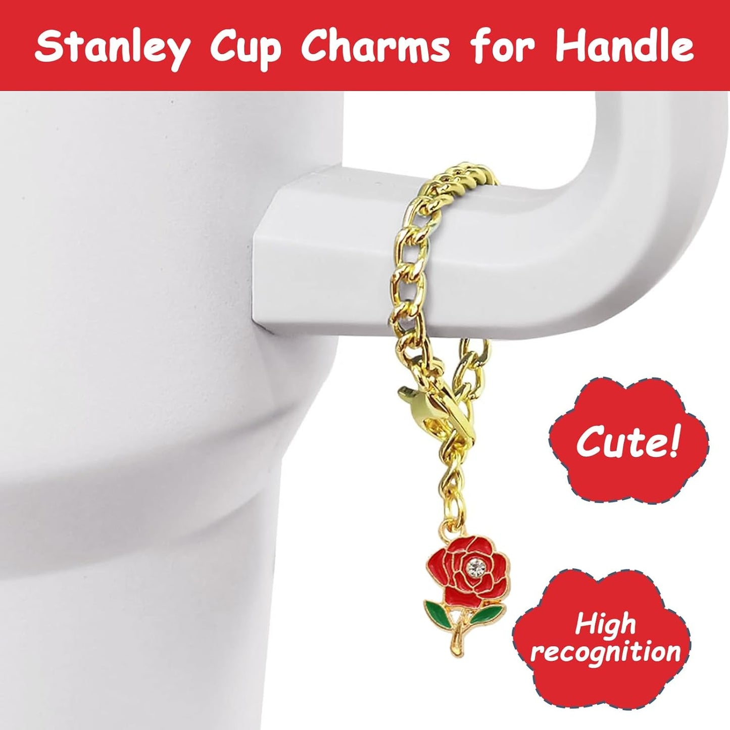 Stanley Cup Accessories Set - 2 Straw Covers, 1 Spill-Proof Stopper & 1 Cute Rose Handle Charm | Fits 40 & 30 Oz Tumblers (Chili)